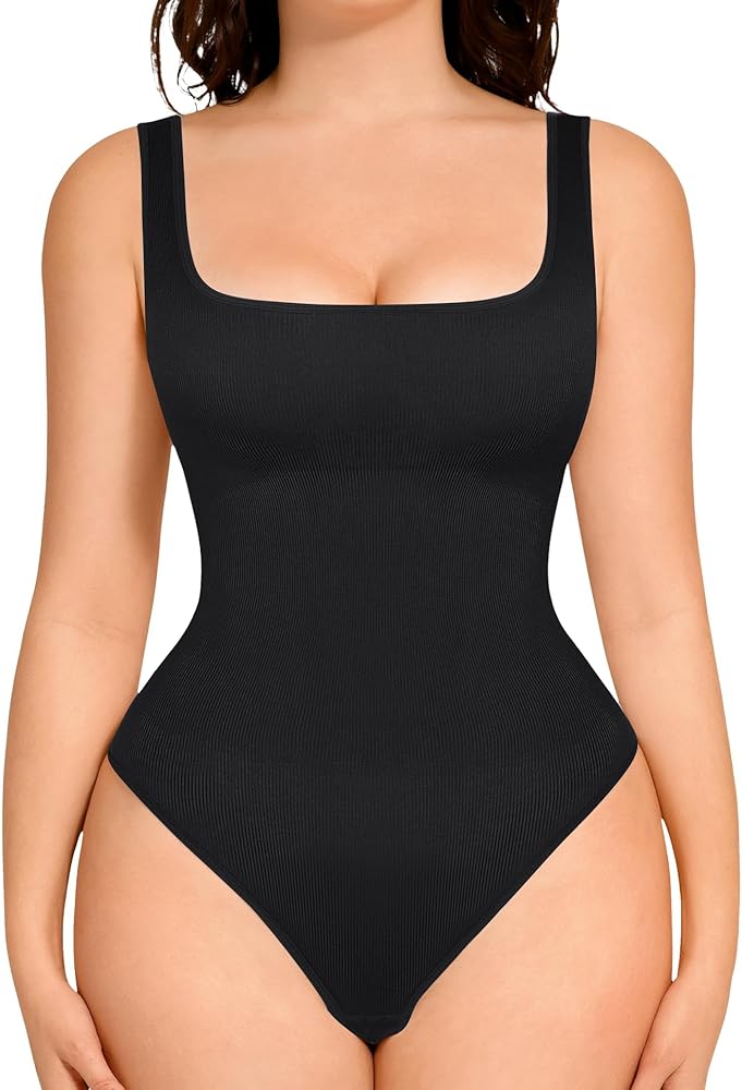 FeelinGirl Tummy Control Bodysuit Square Neck Thong Bodysuits Seamless Backless Ribbed Going Out Tank Tops