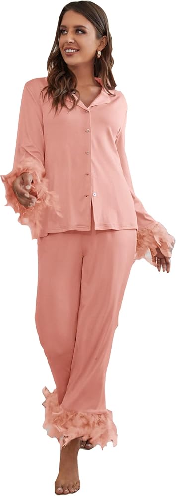 WDIRARA Women's Sleepwear 2 Piece Fuzzy Trim Button Down Long Sleeve and Pants Pj Set