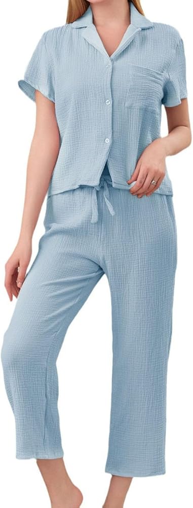 Womens Pajama Sets Cotton Gauze Sleepwear Button Down Shirt with Capri Pants Soft Pj Loungewear