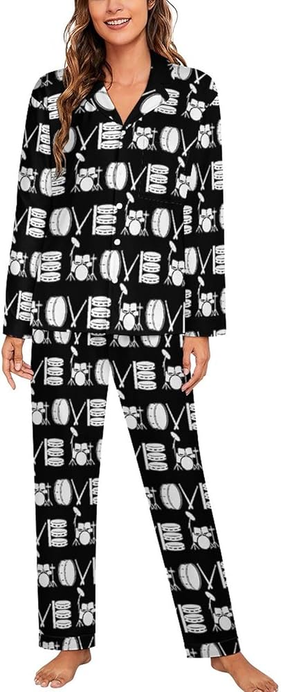 Love Drum Pajamas Set for Women Long Sleeve Button Down Sleepwear Soft Lounge Pjs Set with Pockets