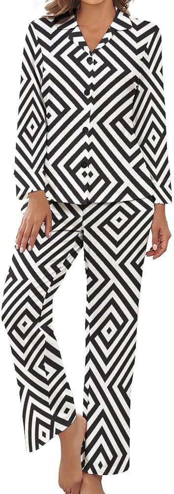 Button Up Pajama For Women Comfy Pjs For Women Set Geometry Long Sleeve Sleepwear Top With Long Pajama Pant Set S