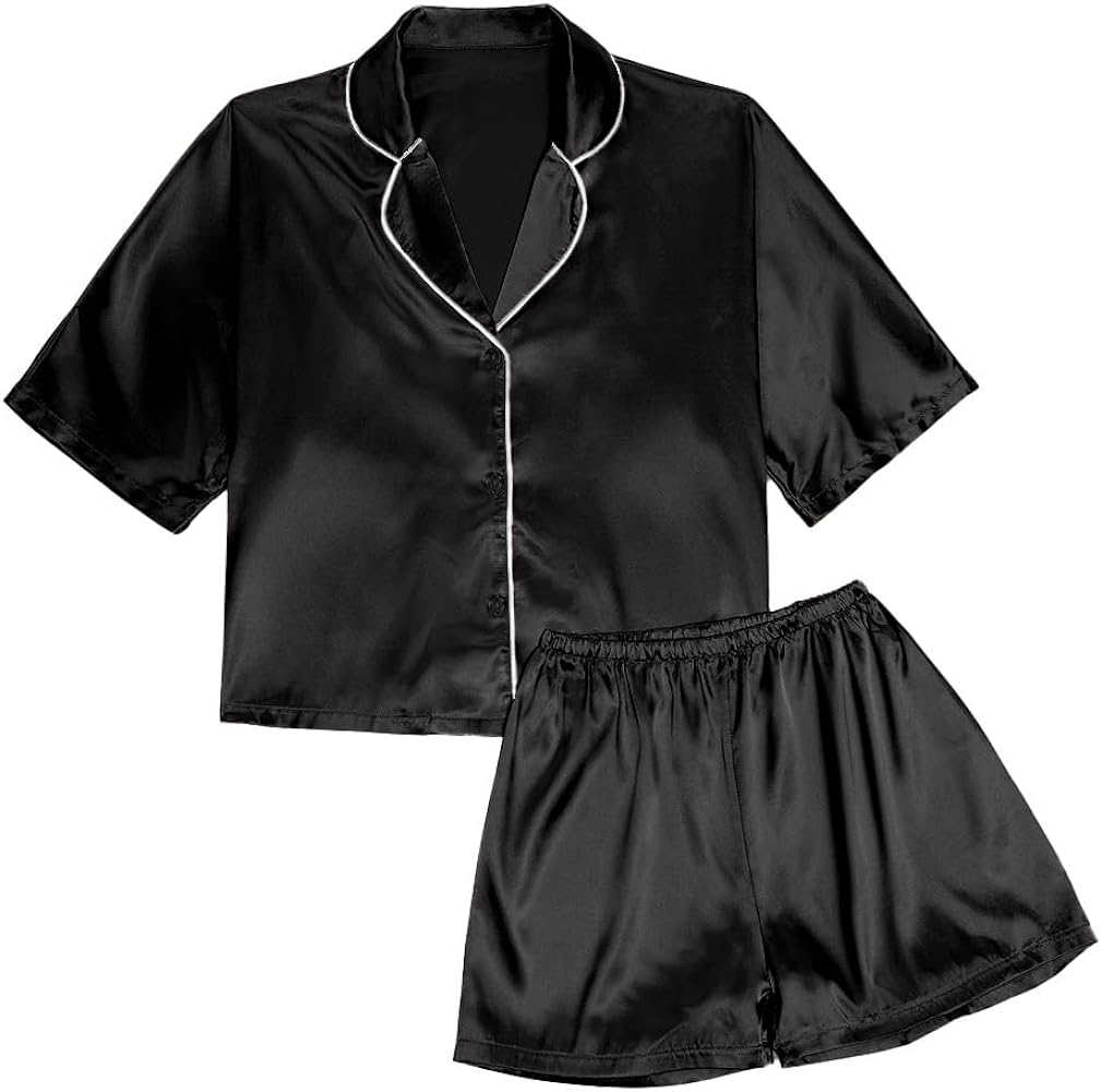 LYANER Women's Satin Silk Short Sleeve Button Down Top and Shorts Loungewear Pajama PJ Set