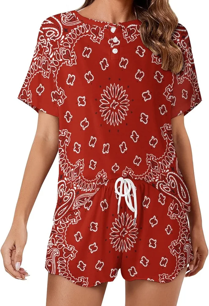 Red Bandana Pattern Women’s Pajama Sets Short Sleeve Shirt and Shorts 2 Pieces Loungewear Sleepwear PJ 3XL