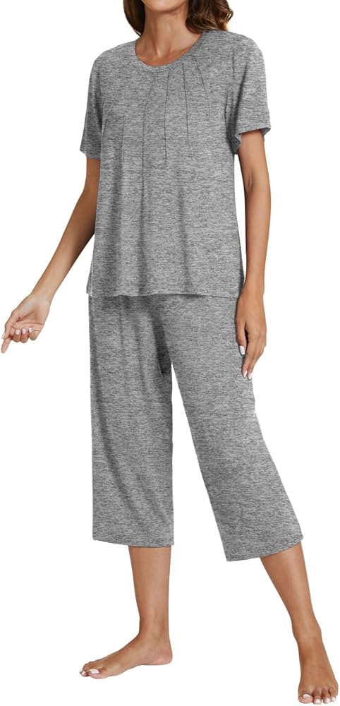 POKWAI 2024 Summer Comfy Womens Pajama Sets Short Sleeve and Capri Pants Pajamas Set Soft 2 Piece Pjs Sleepwear