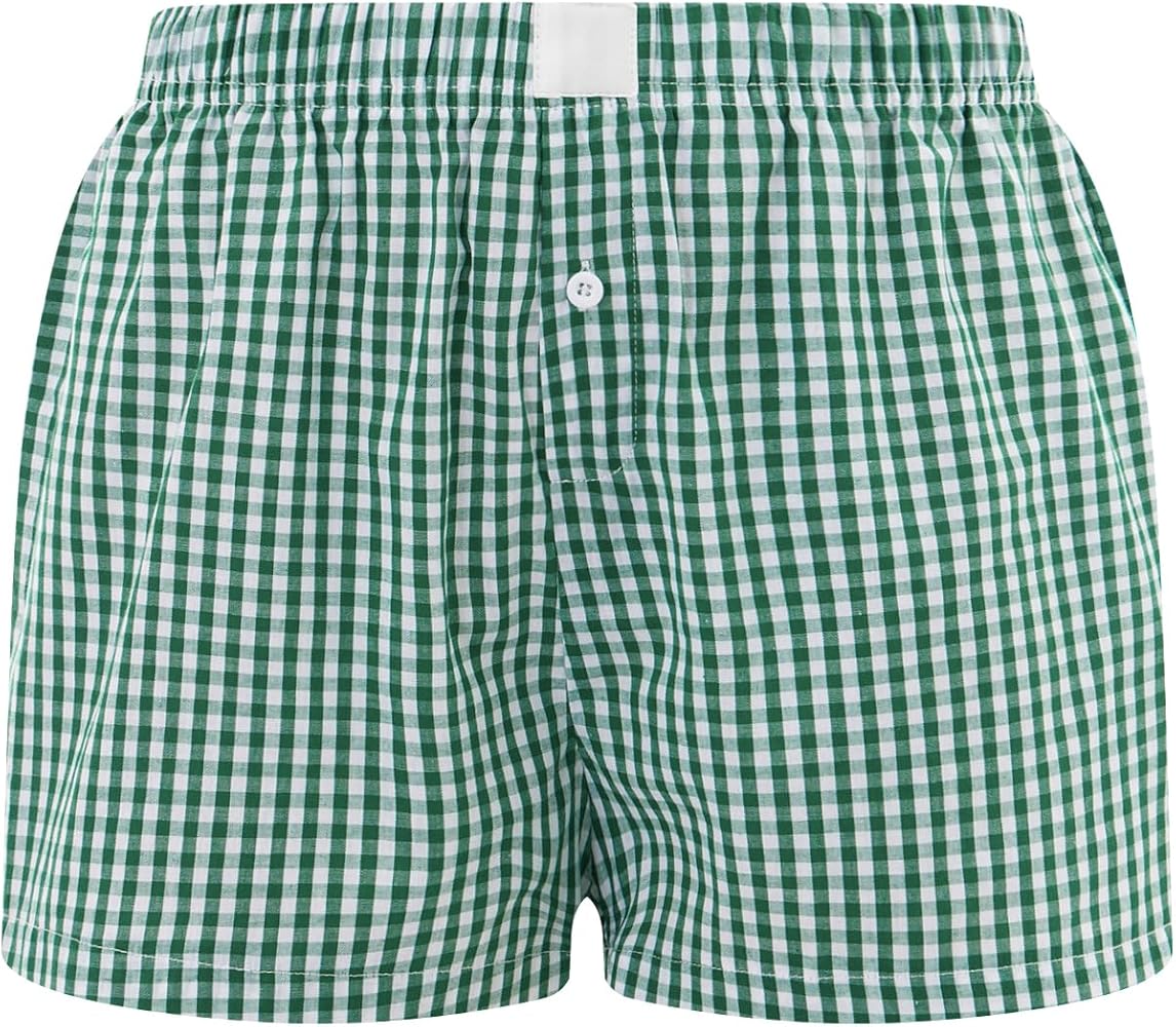 Y2k Plaid Shorts Cute Baggy Ginghem Boxer Shorts for Women Checked Lounge Pajama Bottom Preppy Sleep Pj Shorts