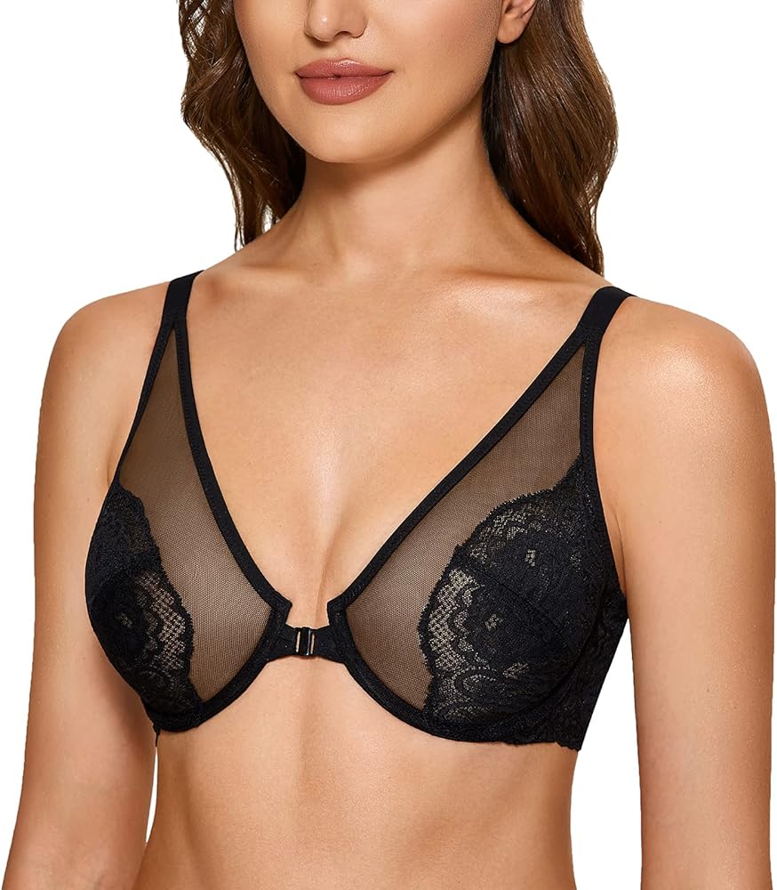 DOBREVA Women's Lace Bra Front Closure Bras Plunge Sexy See Through Minimizer Plus Size Underwire