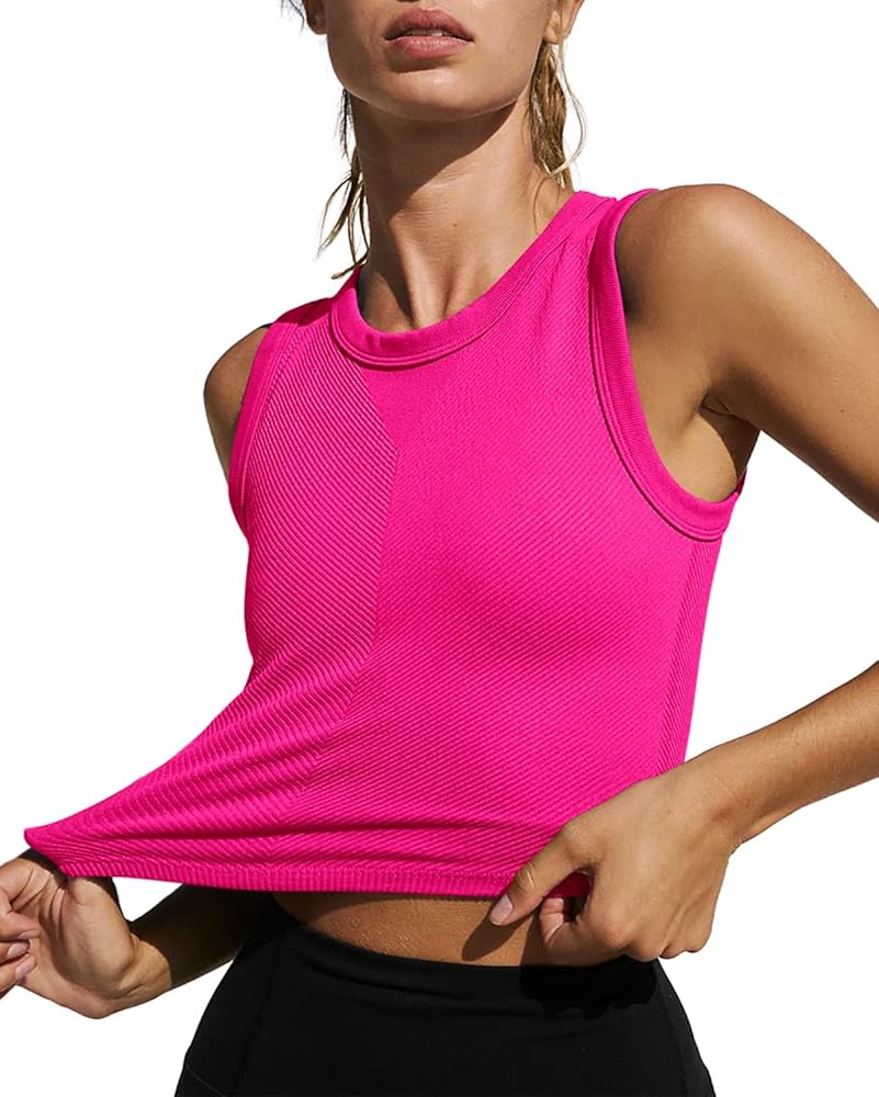 LASLULU Womens Molded Cups Seamless Workout Top Racerback Yoga Short Tank Tops Athletic Shirt Slim Fit Crop Tops Built in Bra