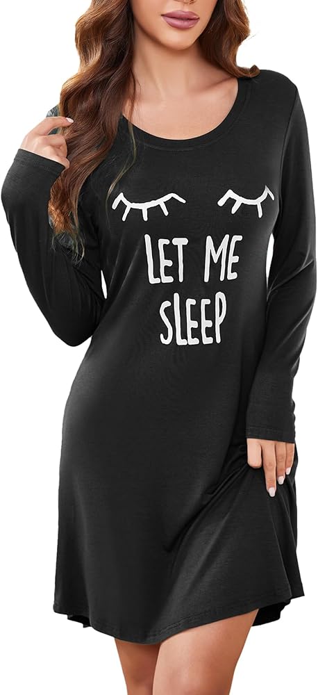 HOTOUCH Women Nightgown Long Sleeve Cute Print Sleepshirts Soft Knee Length Pajama Sleepwear