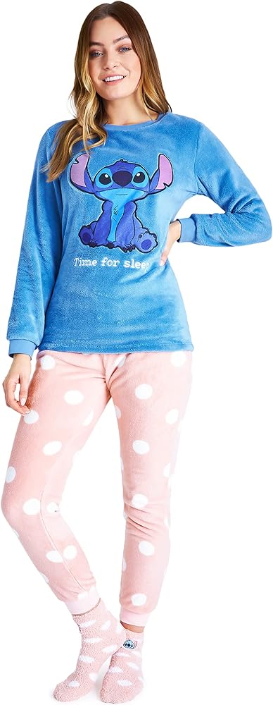 Disney Womens Pyjamas, Fleece Loungewear and Fluffy Socks Stitch Gift Set