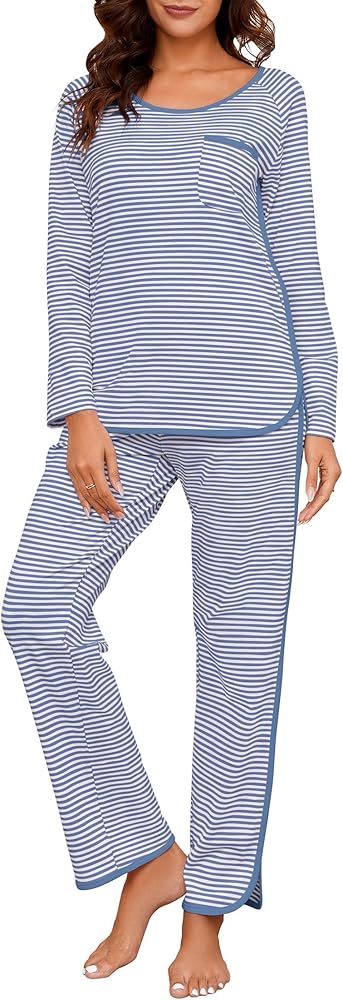 Womens Cotton Pajama Sets 2 Piece Lounge Set Stripe Long Sleeve Comfy Pj Set Fall Loungewear Sleepwear with Pockets