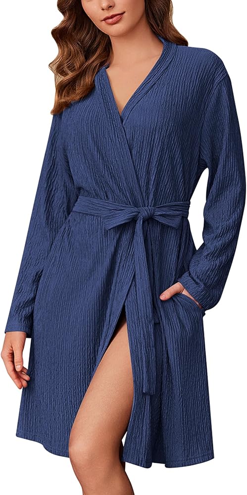 Ekouaer Robes for Women Short Knit Bathrobe Lightweight Kimono Robe Knee Length Loungewear S-XXL