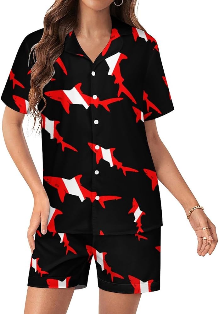 Shark Diver Scuba Women's Silk Pajama Set Short Sleeve Sleepwear Loungewear Pj Set