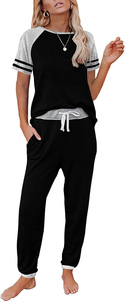 AUTOMET Lounge Sets For Women Two Piece Outfits Loungewear Short Sleeve Crewneck Jogger Pajama Set and Sweatpants Tracksuit