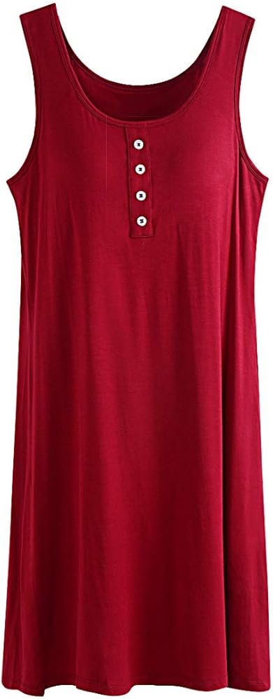 Women's Sleeveless Buttons Decor Long Tank Built-in Bra Casual Sleepwear Dress Wine US 0