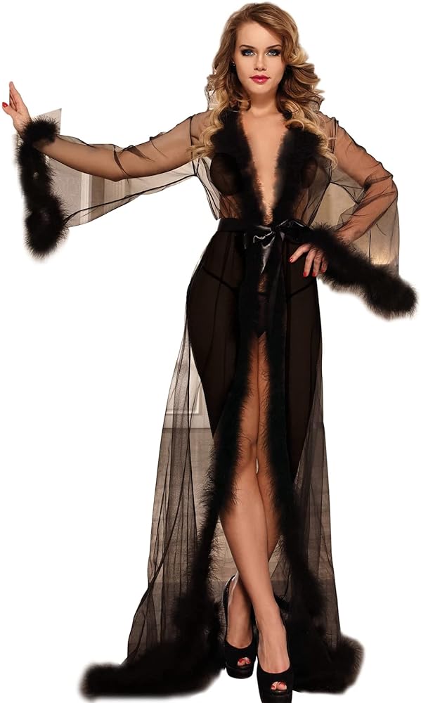 ohyeahlady Women Long Kimono Robe Plus Size Sexy Sheer Mesh Fur Robe Lingerie Feather Bridal Robe