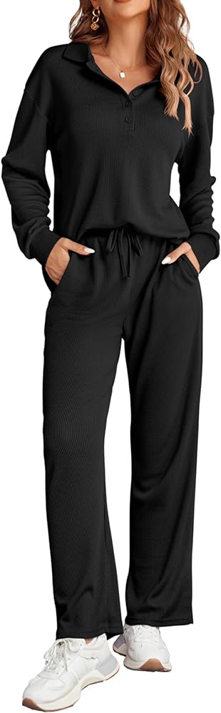 Ekouaer Waffle Knit Pajamas Set for Women 2 Piece Outfits Long Sleeve Button Top and Wide Leg Pant with Pockets Loungewear