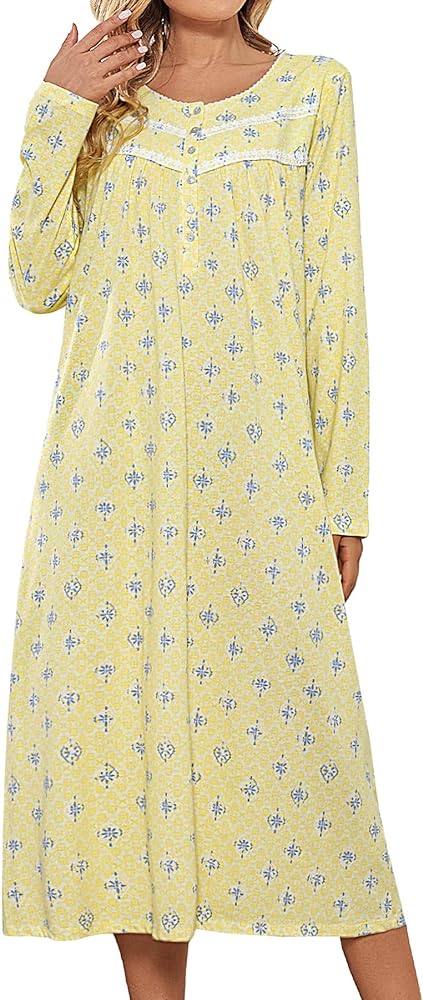 IZZY + TOBY Long Sleeve Cotton Nightgowns for Women Soft Ladies Cotton Nightgown Long Sleep Dress Nightdress Nighties