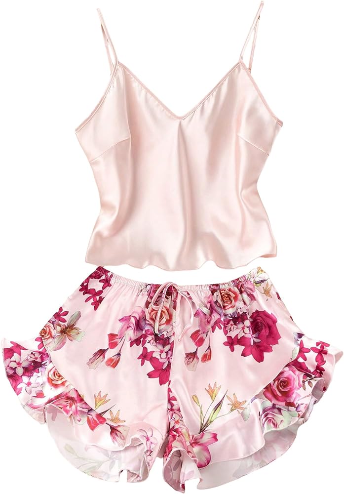 Women's 2 Piece Floral Sleeveless V Neck Satin Cami and Ruffle Trim Shorts Sets Loungewear PJ Set Sleepwear