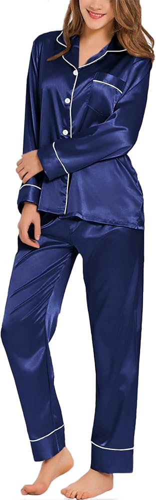 SWOMOG Womens Satin Pajamas Long Sleeve Sleepwear Silk Soft Button Down Loungewear Pjs Set S-XXL