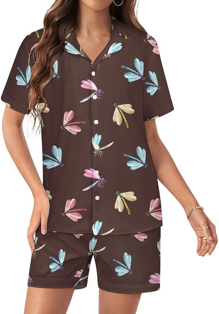 Watercolor Cute Flying Dragonfly Women's Pajamas Set Two Piece Button Down Sleepwear Short Sleeve And Shorts Loungewear