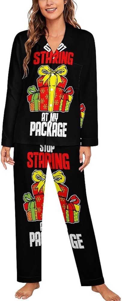 Stop Staring At My Package Pajamas Set for Women Long Sleeve Button Down Sleepwear Soft Lounge Pjs Set with Pockets