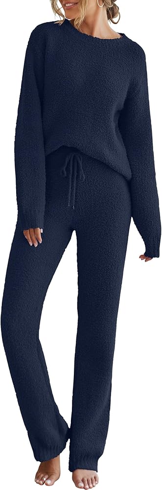 MEROKEETY Womens Fuzzy Fleece Long Sleeve 2 Piece Loungewear Outfits Sweater Pants Pajama Sets