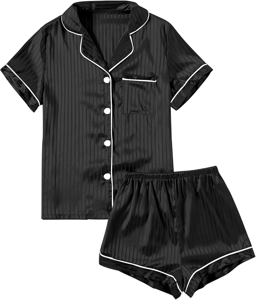 LYANER Women's Striped Silky Satin Pajamas Short Sleeve Top with Shorts Sleepwear PJ Set