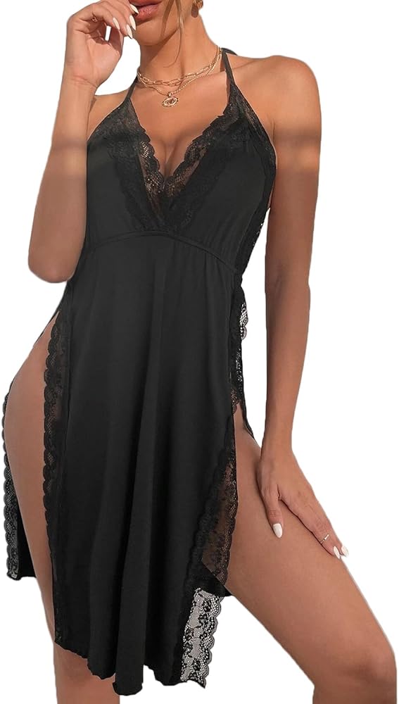 Women's Nightgown Dress V Neck Halter Tie Lace Trim Chemise Two Side Split Night Gown Backless Sleepwear Lingerie