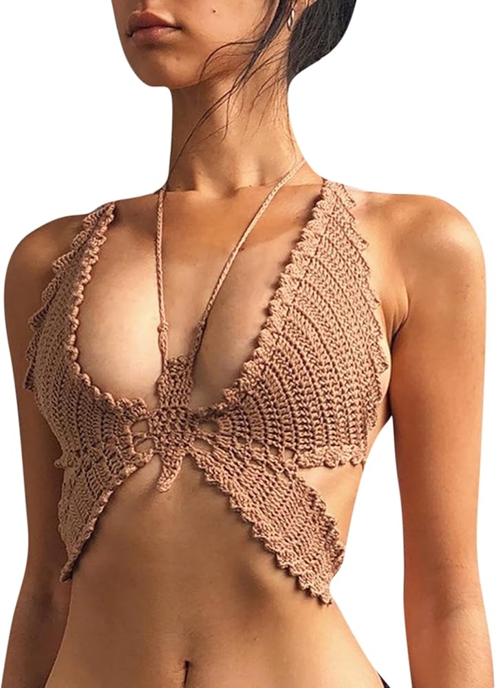 Women Sexy Butterfly Crop Tank Top Crochet Halter V Neck Camisole Vest Outfit for Party Club Dance