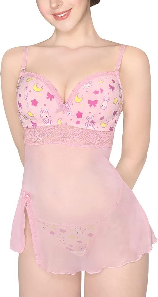 Littleforbig Women Nightwear Usagi Babydoll Lace Strap Chemise Halter V Neck Sleepwear Lingerie