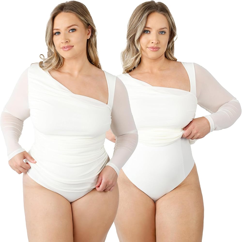 SHAPELLX Long Sleeve Bodysuit Tummy Control Built in Shapewear Bra 2 in 1 Bodysuit Tops Thong Full Body Shaper for Womens