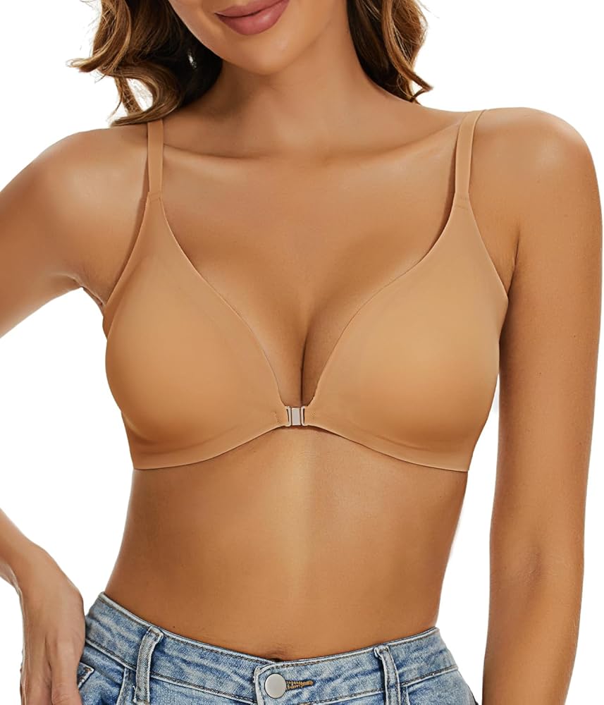 Push Up Bra Front Closure Bras for Women Comfort No Underwire Low Cut V-Neck Bralette Seamless Padded Nude Bra