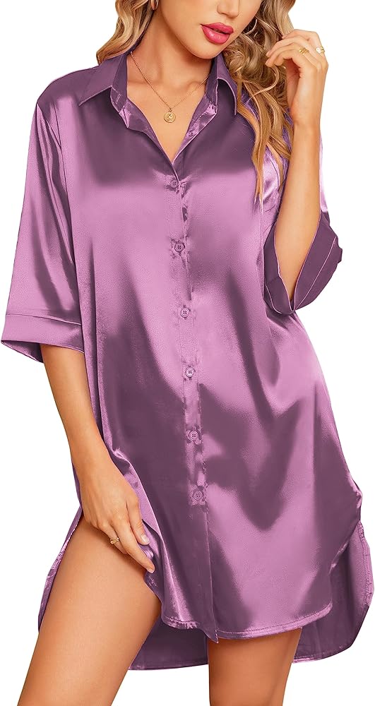 Samring Women's Silk Nightgown 3/4 Sleeve Nightshirt Button Down Sleepshirt Satin Night Gowns for Women Sleepwear