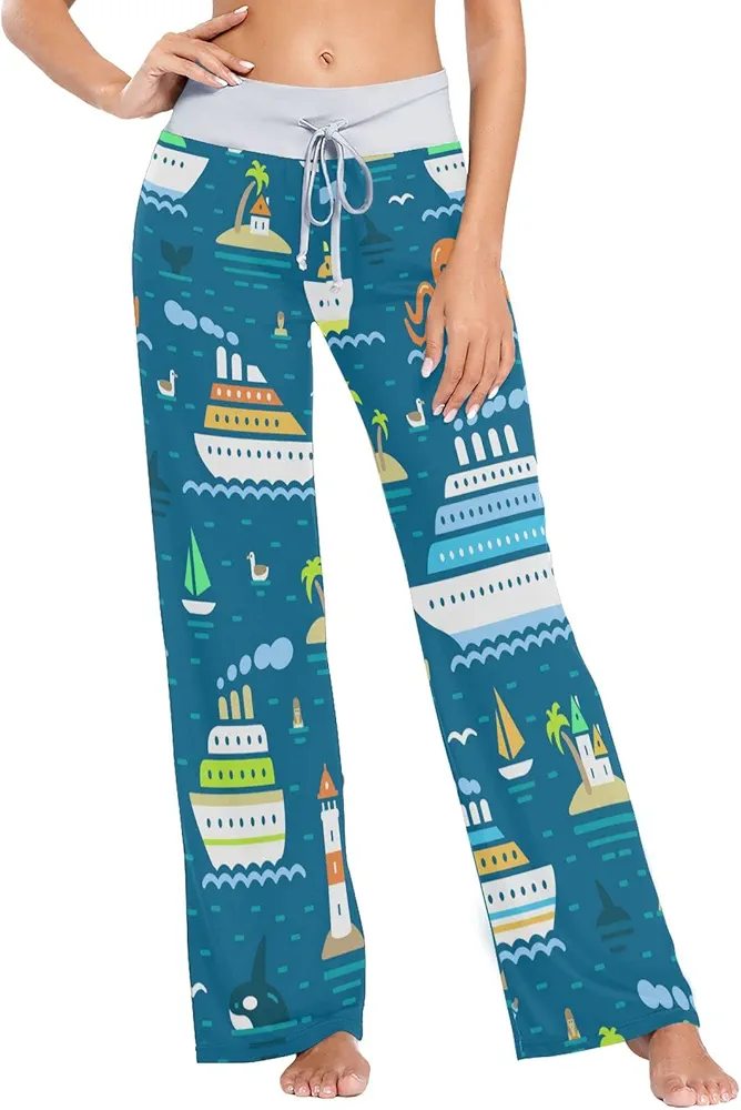 Cruise Ships Ocean Women's Pajama Pants Casual Sleepwear Drawstring Lounge Palazzo Yoga Pants Wide Leg XS