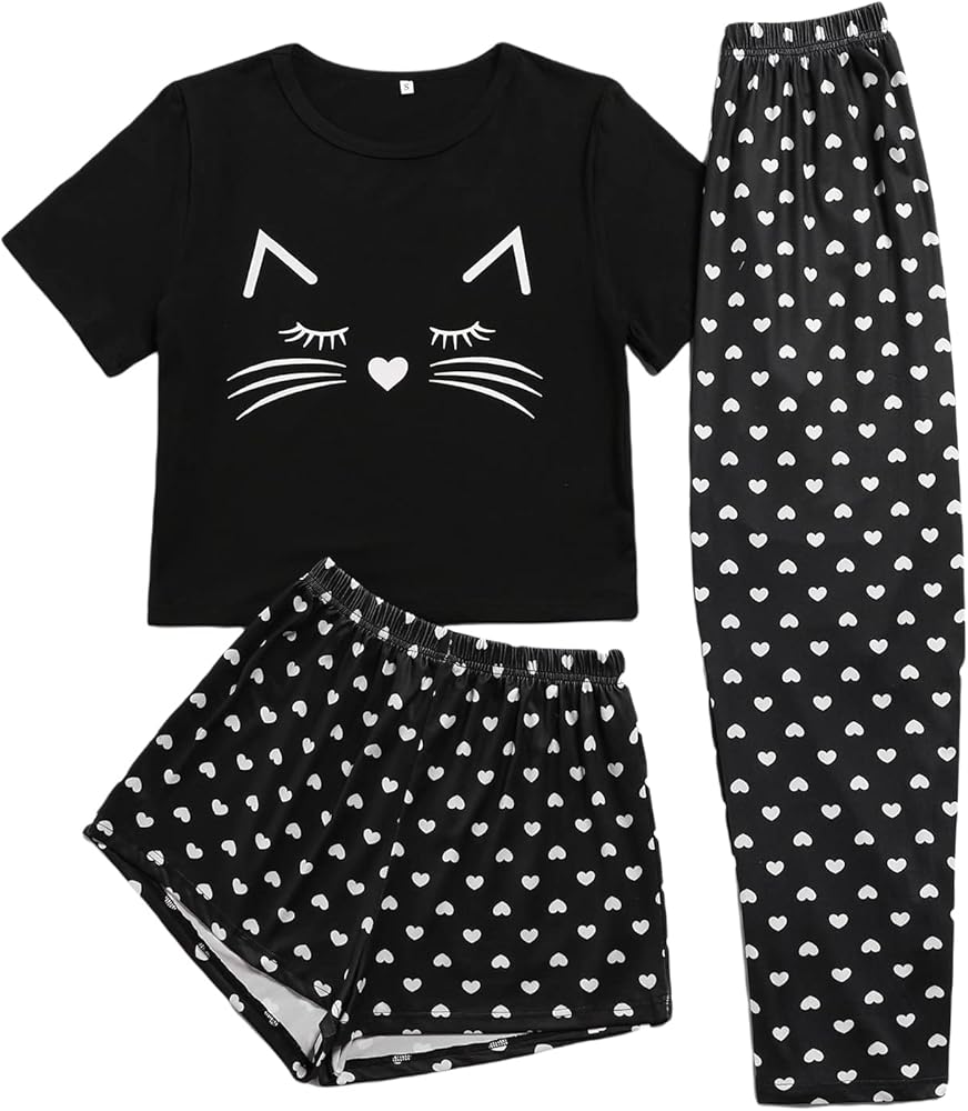 Verdusa Women's 3 Piece Cartoon Print Pajama Sets Tee Top And Shorts Pants Pj Set Black Heart Small