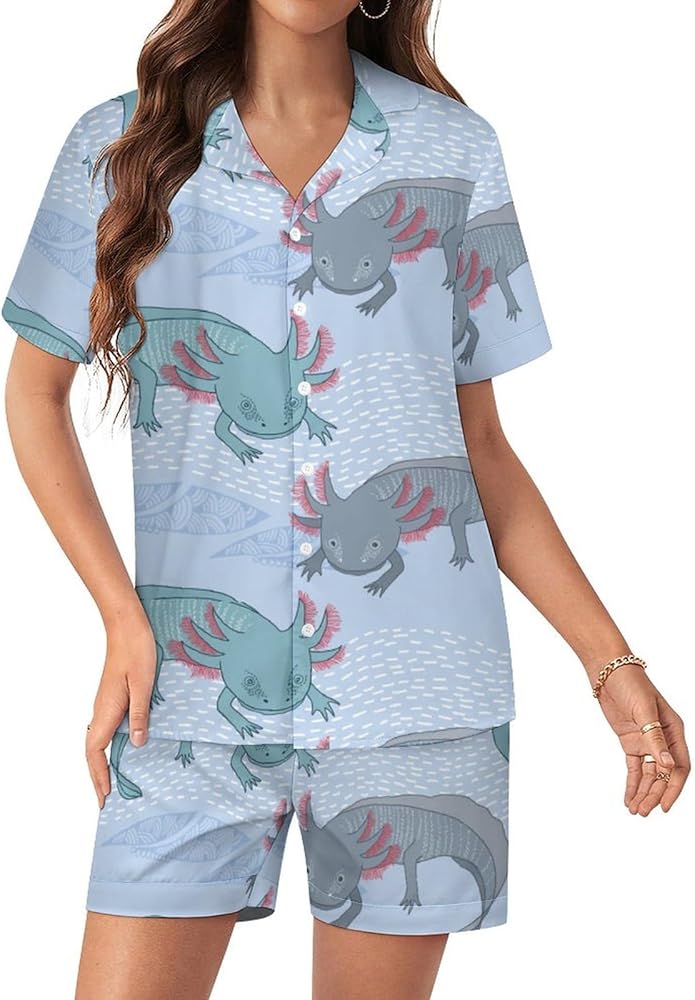 Mexican Axolotls on Sea Women's Pajamas Set Two Piece Button Down Sleepwear Short Sleeve And Shorts Loungewear