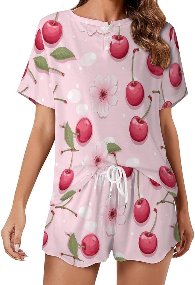 Cherry Womens 2 Piece Outfits Casual Short Sleeve Pajamas Sets Sleepwear Nightgown M