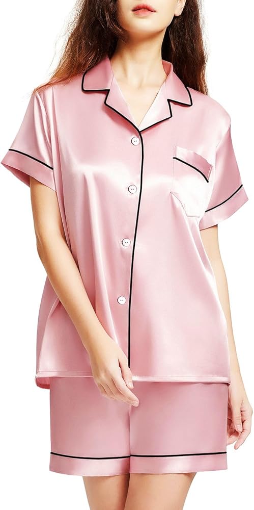 Women’s Pajamas Sets Short Sleeve Silk Satin Sleepwear Soft Comfort Button Down Loungewear 2pcs PJs Set