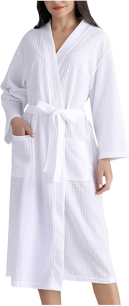 Women's Waffle Knit Kimono Robe Belted Lightweight Soft Long Bathrobe Unisex Spa Robes For Women And Men