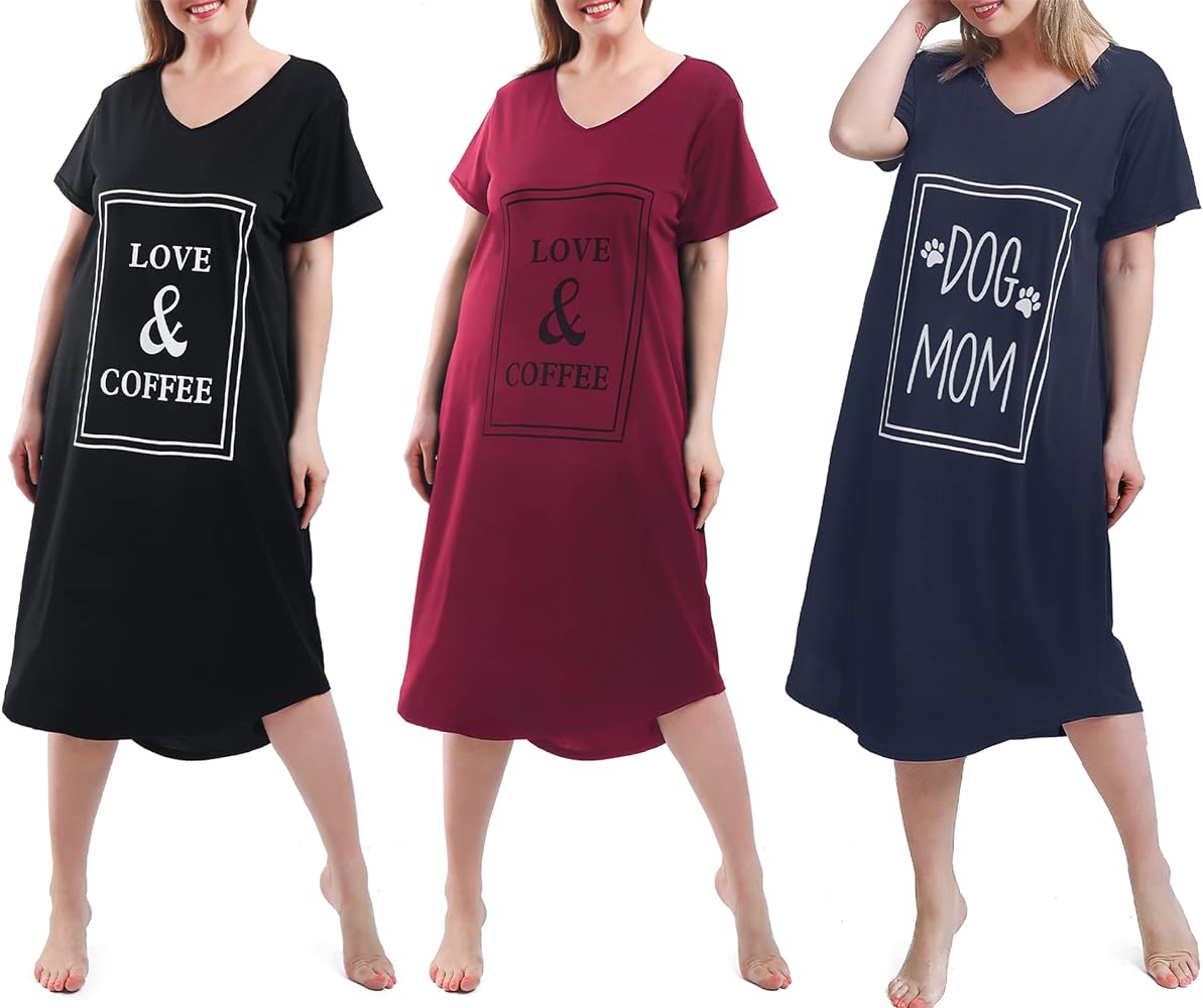 3 Pack Plus Size Nightgowns V Neck Nightshirts Short Sleeve Printed Sleepwear Soft Loungewear for Women