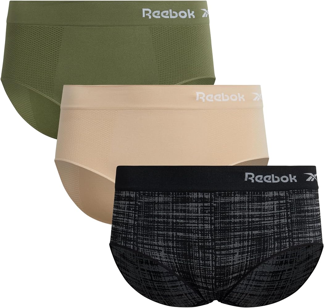 Reebok Women's Hipster Panties - 3 Pack Stretch Performance Hipsters Plus Size Panties - Seamless Underwear for Women (1X-3X), Size 3X-Large, Black/Cream/Green