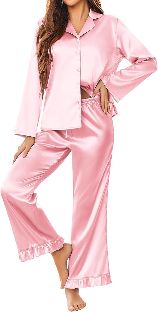 Ekouaer Silk Satin Pajamas Set Womens Long Sleepwear Button Down 2 Piece Classic Soft Loungewear Pjs Set