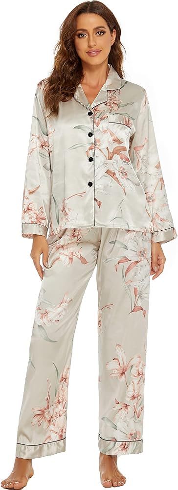 ANNA&CHRIS Satin Silk Pajamas Set for Women Button Down Sleepwear 2 Piece Pjs Sets Long Sleeve Printed Womens Loungewear Set