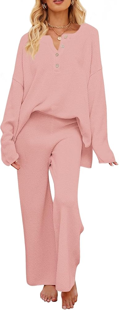 MEROKEETY Women's 2 Piece Outfit Sets Long Sleeve Button Knit Pullover Sweater and Pants Lounge Sets