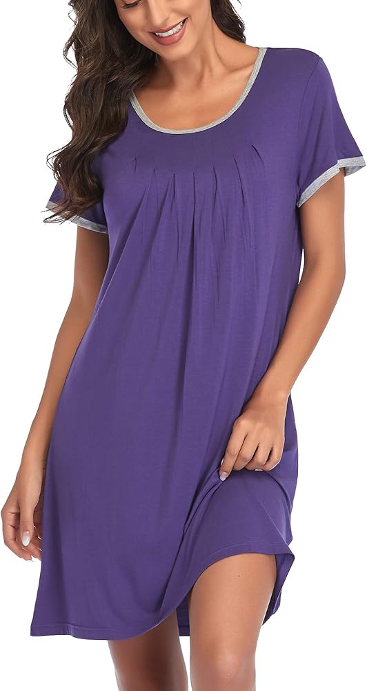 COLORFULLEAF Women's Nightgown Short Sleeve Nightshirt Sleep Shirt Comfy Sleepwear Pleated Scoopneck Sleepshirt S-XXL