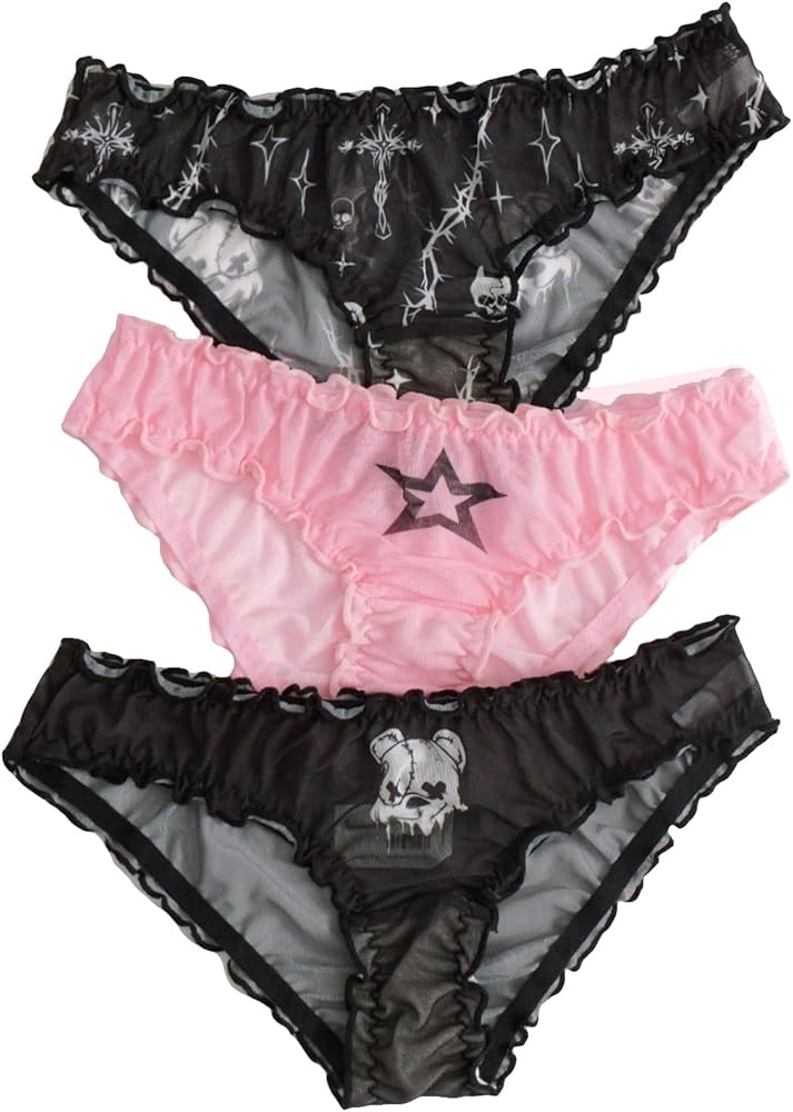 SHENHE Women's 3 Piece Sets Mesh Goth Panties Lettuce Trim Low Rise Cute Underwear