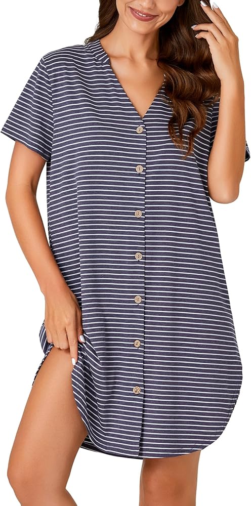 Vrtige Women's Cotton Striped Nightshirt Notch V Neck Short Sleeve Button Down Nightdress Nightgown