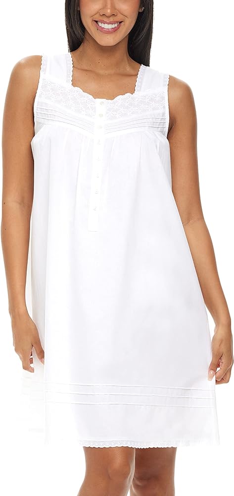 Alexander Del Rossa 100% Cotton Nightgowns for Women, Sleeveless Nightgowns for Women Soft Cotton