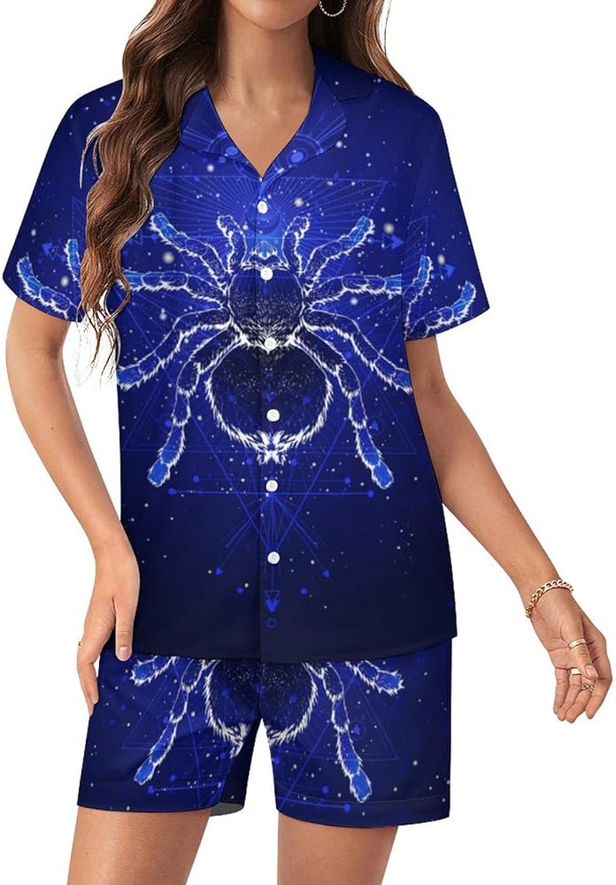 Spider Tarantula And Starry Sky Womens Silk Satin Pajamas Set Short Sleeve Button-Down Sleepwear Loungewear Pj Set