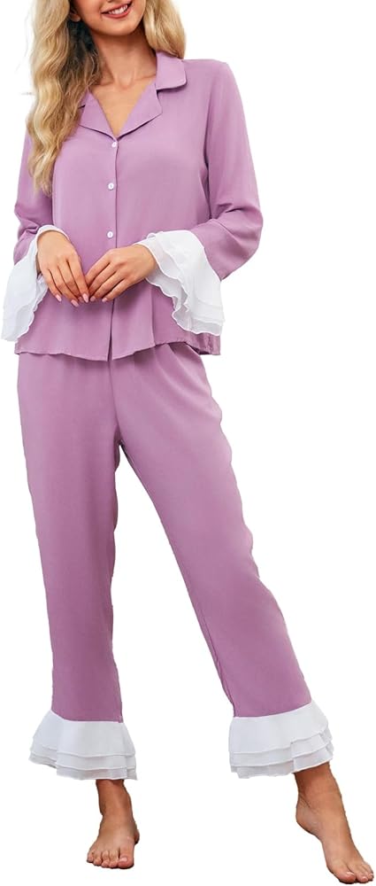 CUPSHE Long Sleeve Pajama Sets Womens Button Down Shirt and Long Pants Sleepwear Ruffle PJ Casual Loungewear